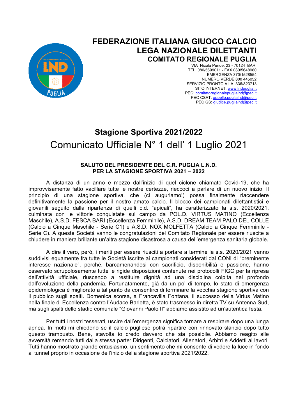 Comunicato Ufficiale N° 1 Dell' 1 Luglio 2021