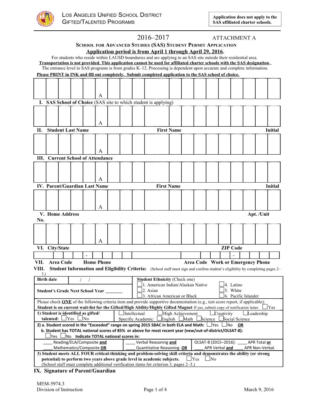 School for Advanced Studies (SAS) Student Permit Application