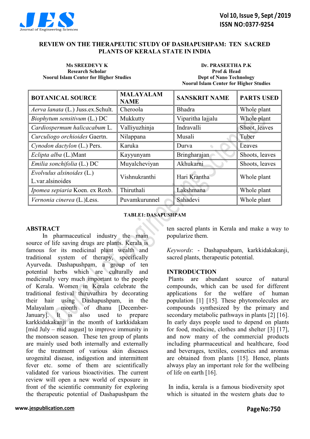 Vol 10, Issue 9, Sept / 2019 ISSN NO: 0377-9254