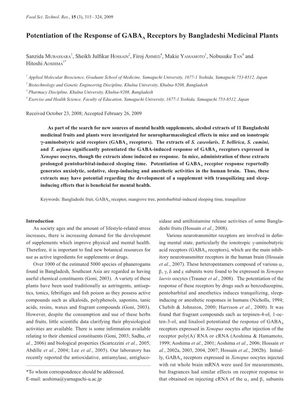 Potentiation of the Response of GABAA Receptors by Bangladeshi