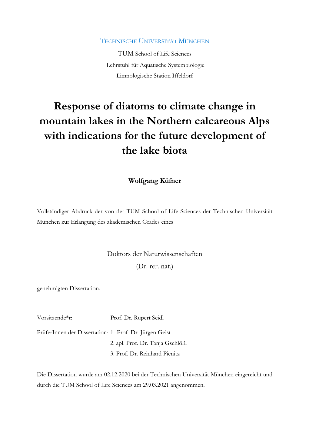 Response of Diatoms to Climate Change in Mountain Lakes in the Northern Calcareous Alps with Indications for the Future Development of the Lake Biota