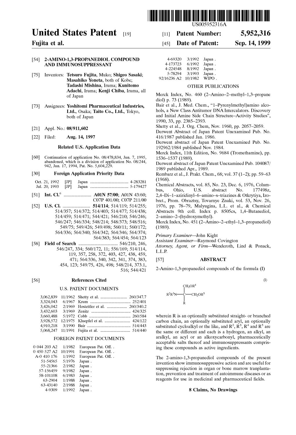 United States Patent (19) 11 Patent Number: 5,952,316 Fujita Et Al