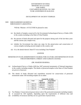 Government of India Ministry of Culture Lok Sabha Unstarred Question No. 3089 to Be Answered on 06.08.2018 Development of Ancie