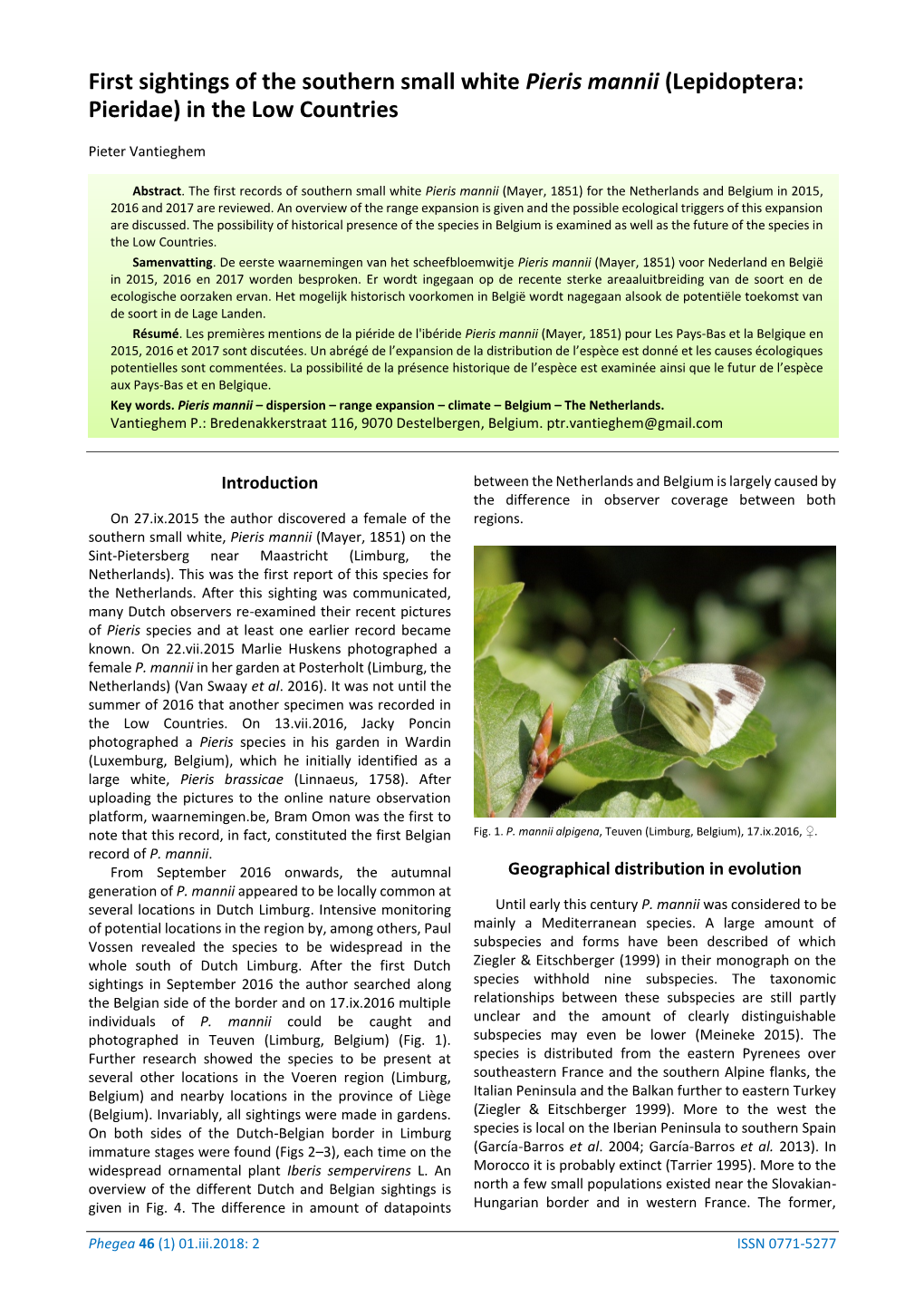 First Sightings of the Southern Small White Pieris Mannii (Lepidoptera: Pieridae) in the Low Countries