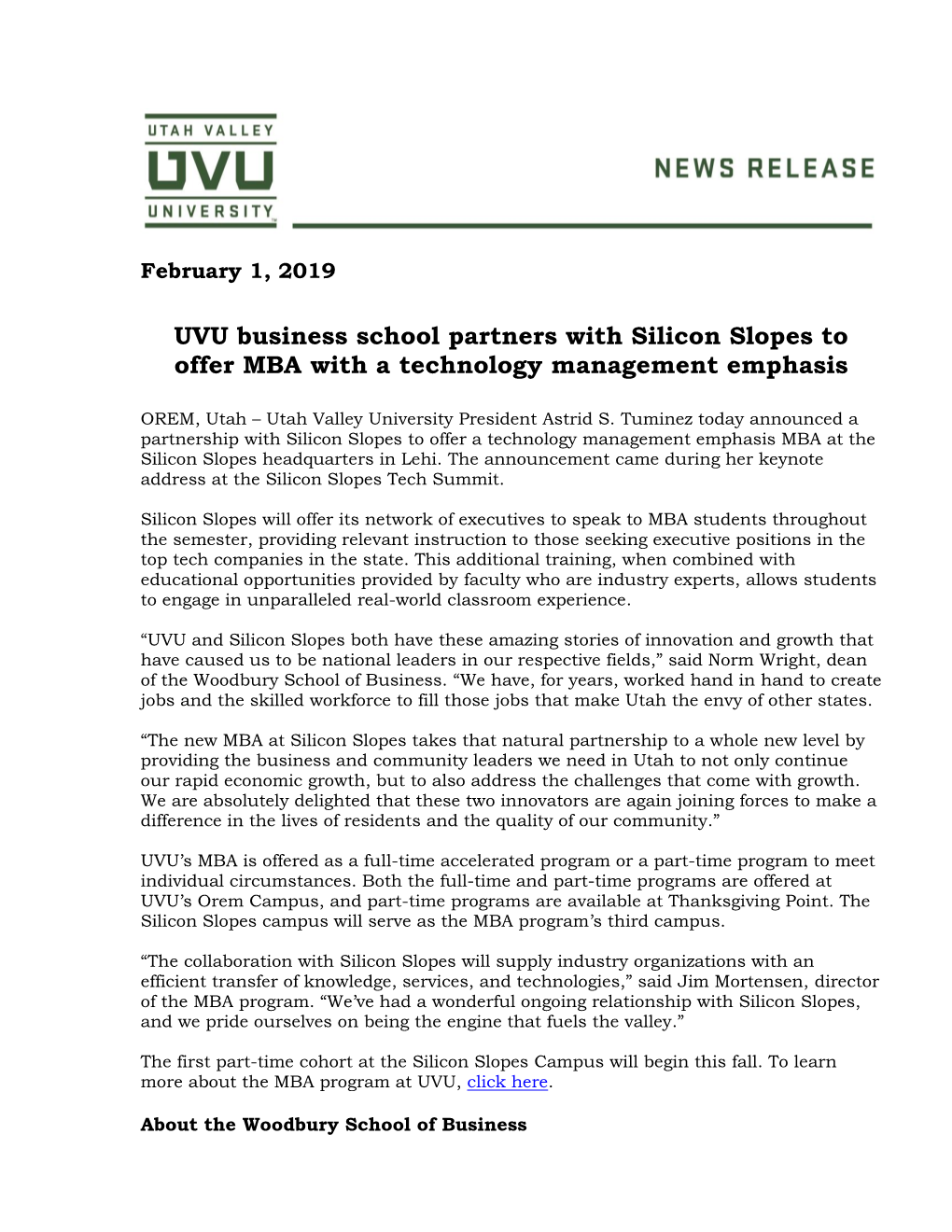 UVU Business School Partners with Silicon Slopes to Offer MBA with a Technology Management Emphasis