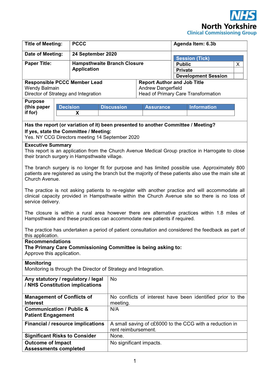 6.3B Hampsthwaite Branch Closure Application