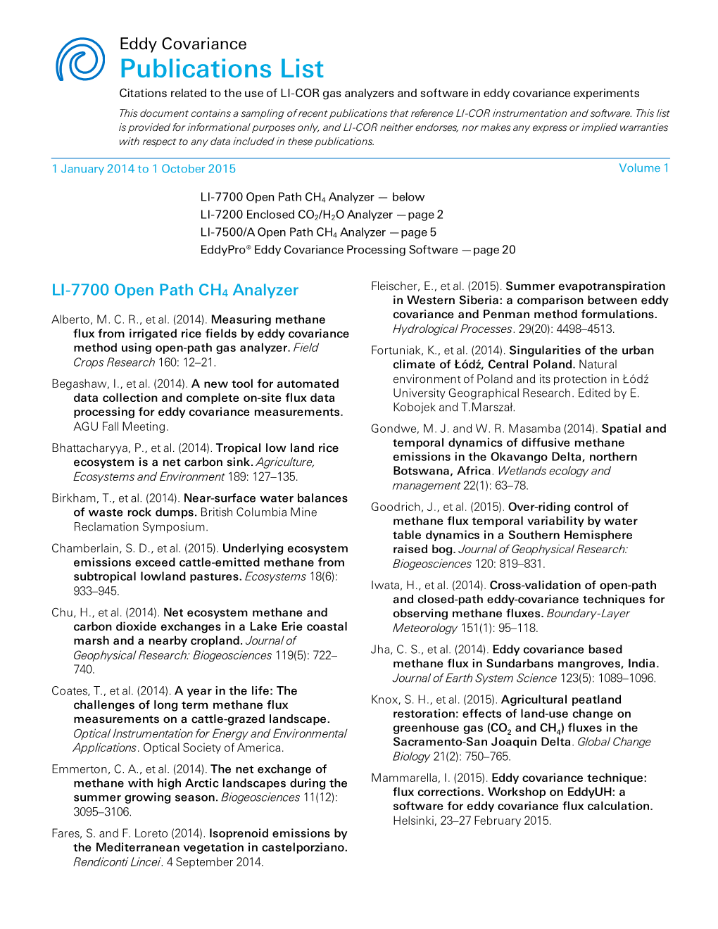 Eddy Covariance Publications List