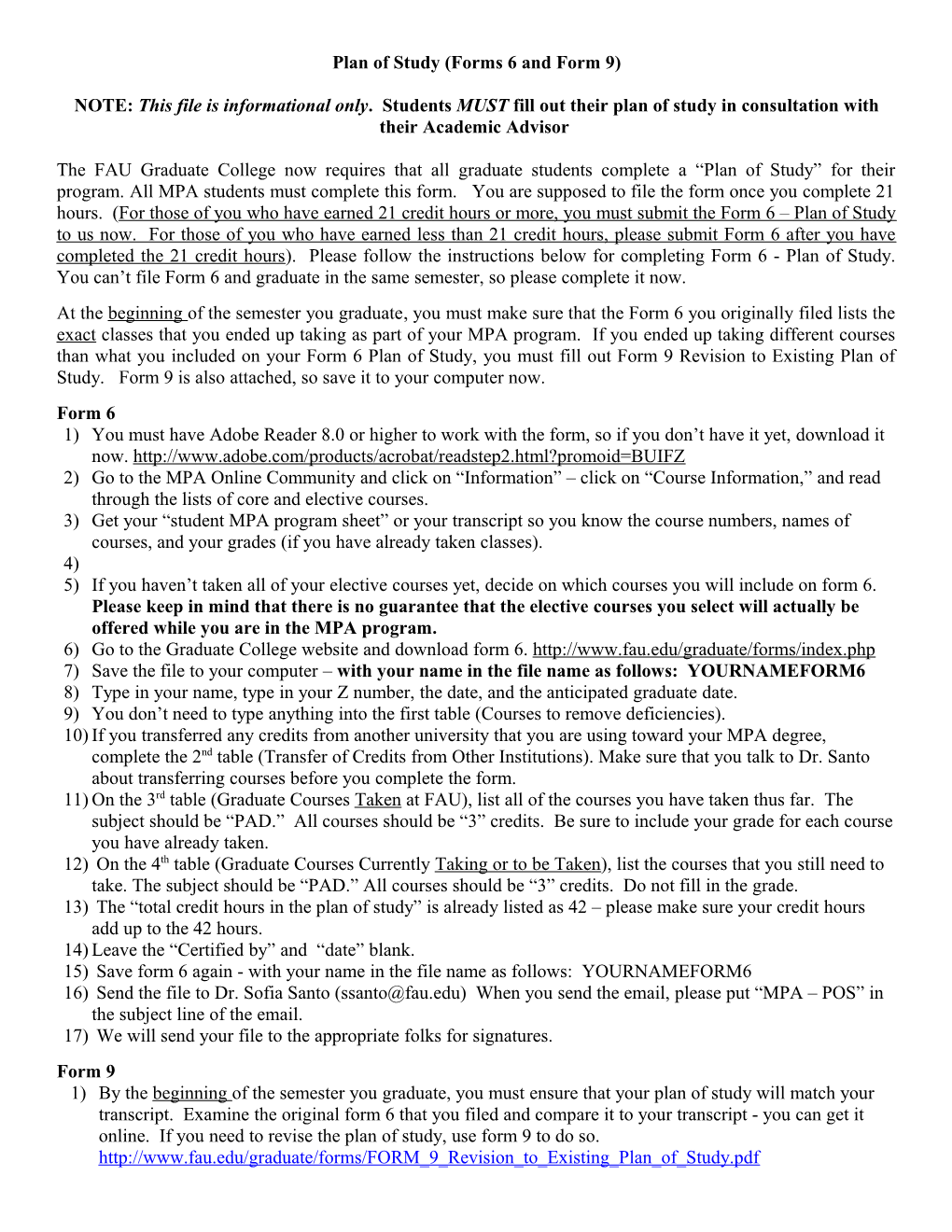 Plan of Study (Forms 6 and Form 9)