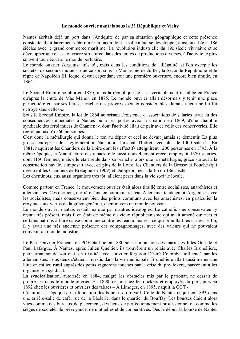 Le Monde Ouvrier Nantais Sous La 3È République Et Vichy Nantes Abritait