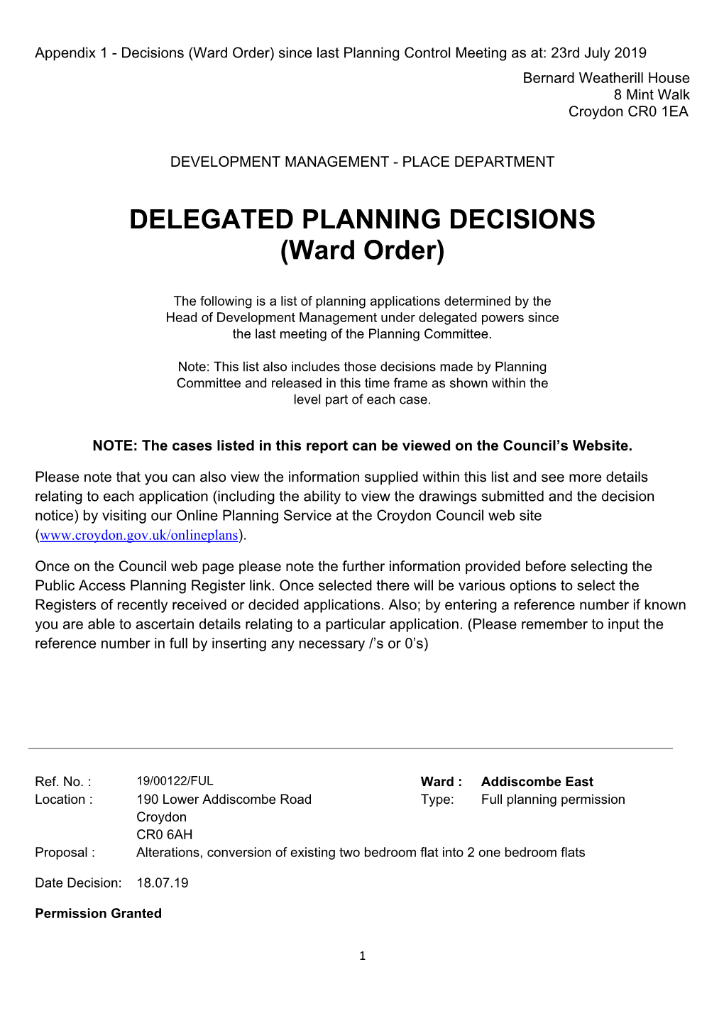 DELEGATED PLANNING DECISIONS (Ward Order)