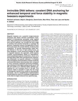 Invincible DNA Tethers: Covalent DNA Anchoring for Enhanced Temporal and Force Stability in Magnetic Tweezers Experiments Richard Janissen, Bojk A