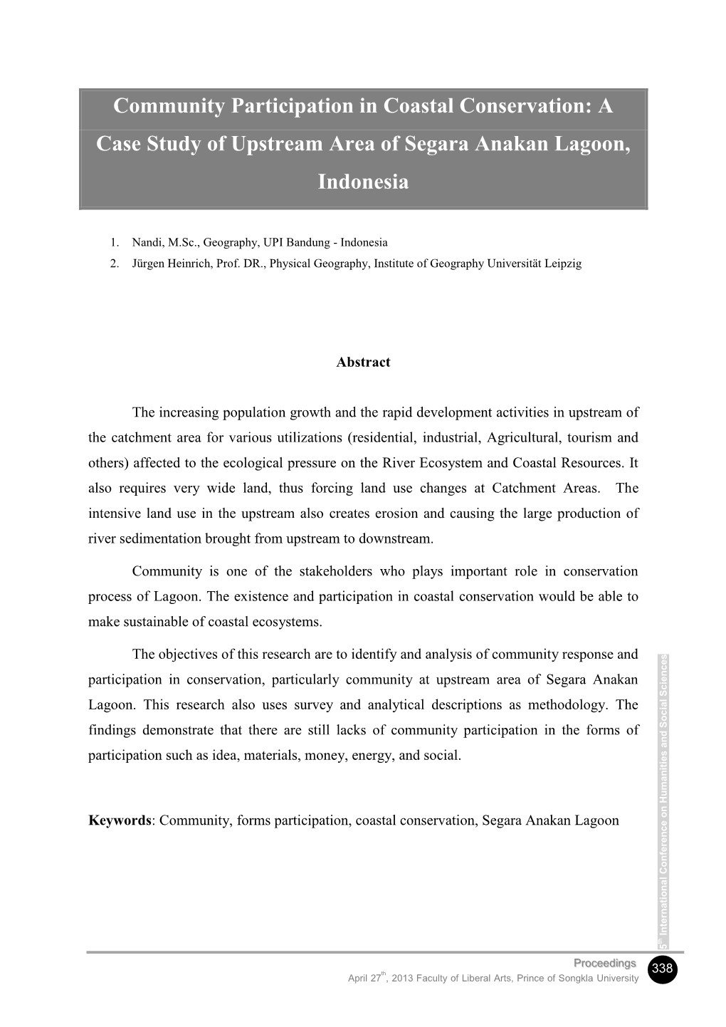 Community Participation in Coastal Conservation: a Case Study of Upstream Area of Segara Anakan Lagoon, Indonesia