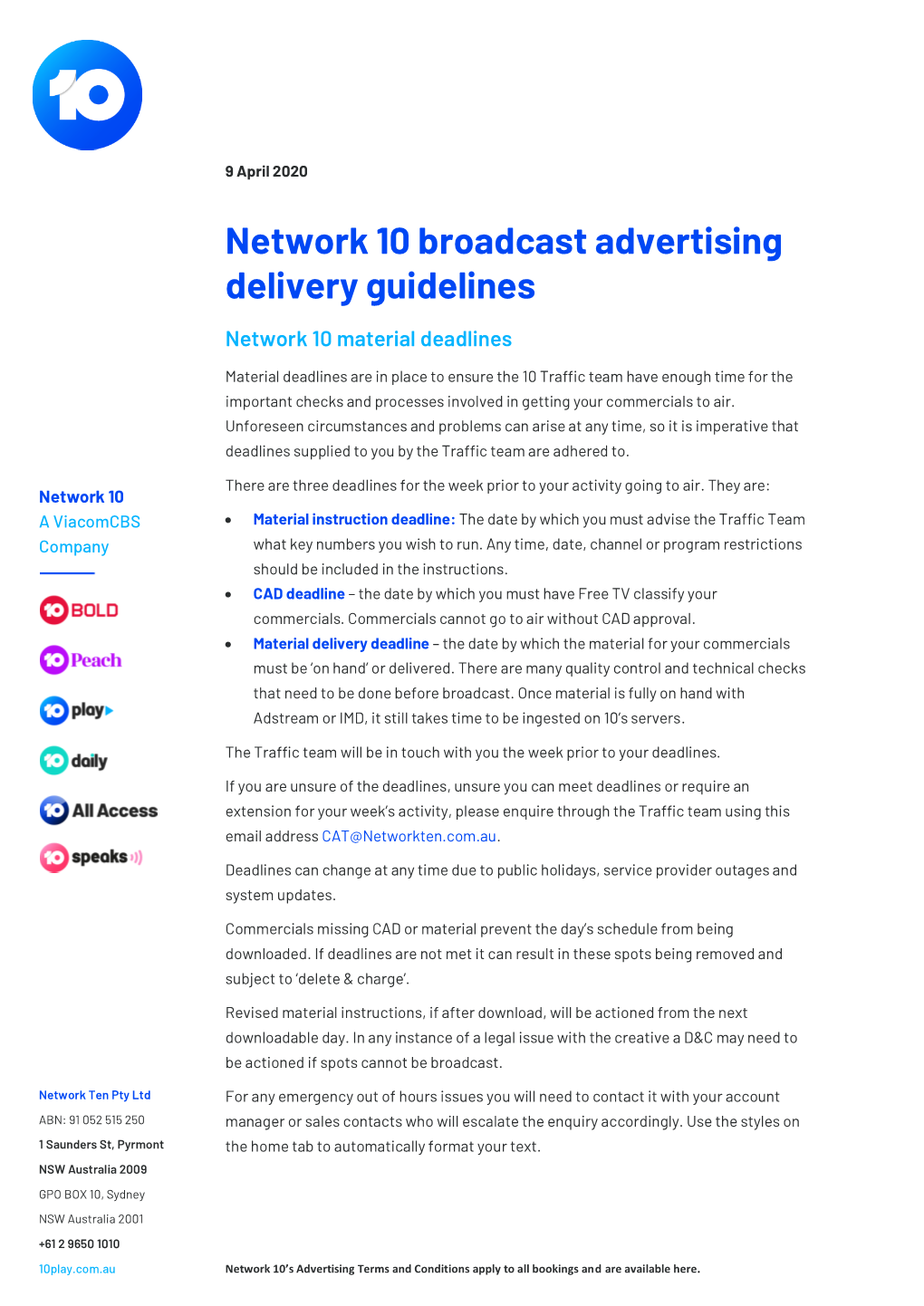 Network 10 Broadcast Advertising Delivery Guidelines