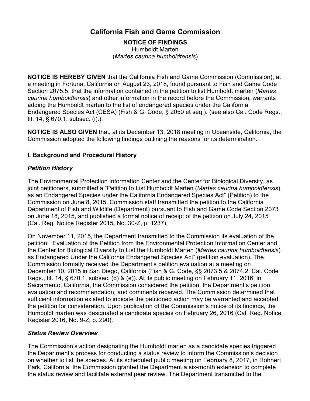 NOTICE of FINDINGS Humboldt Marten (Martes Caurina Humboldtensis)