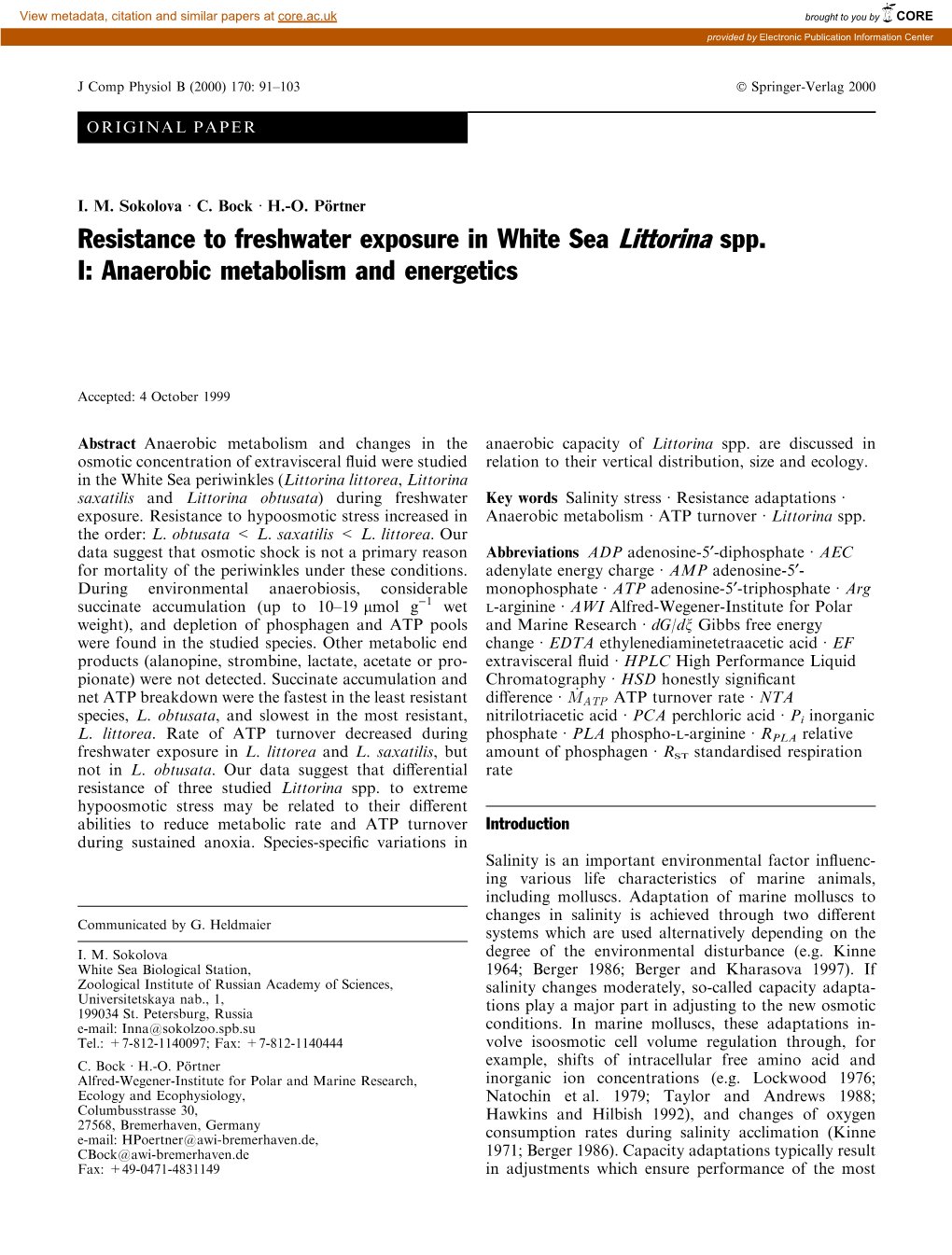 Resistance to Freshwater Exposure in White Sea Littorina Spp. I: Anaerobic Metabolism and Energetics