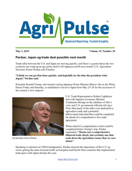 Perdue: Japan Ag Trade Deal Possible Next Month