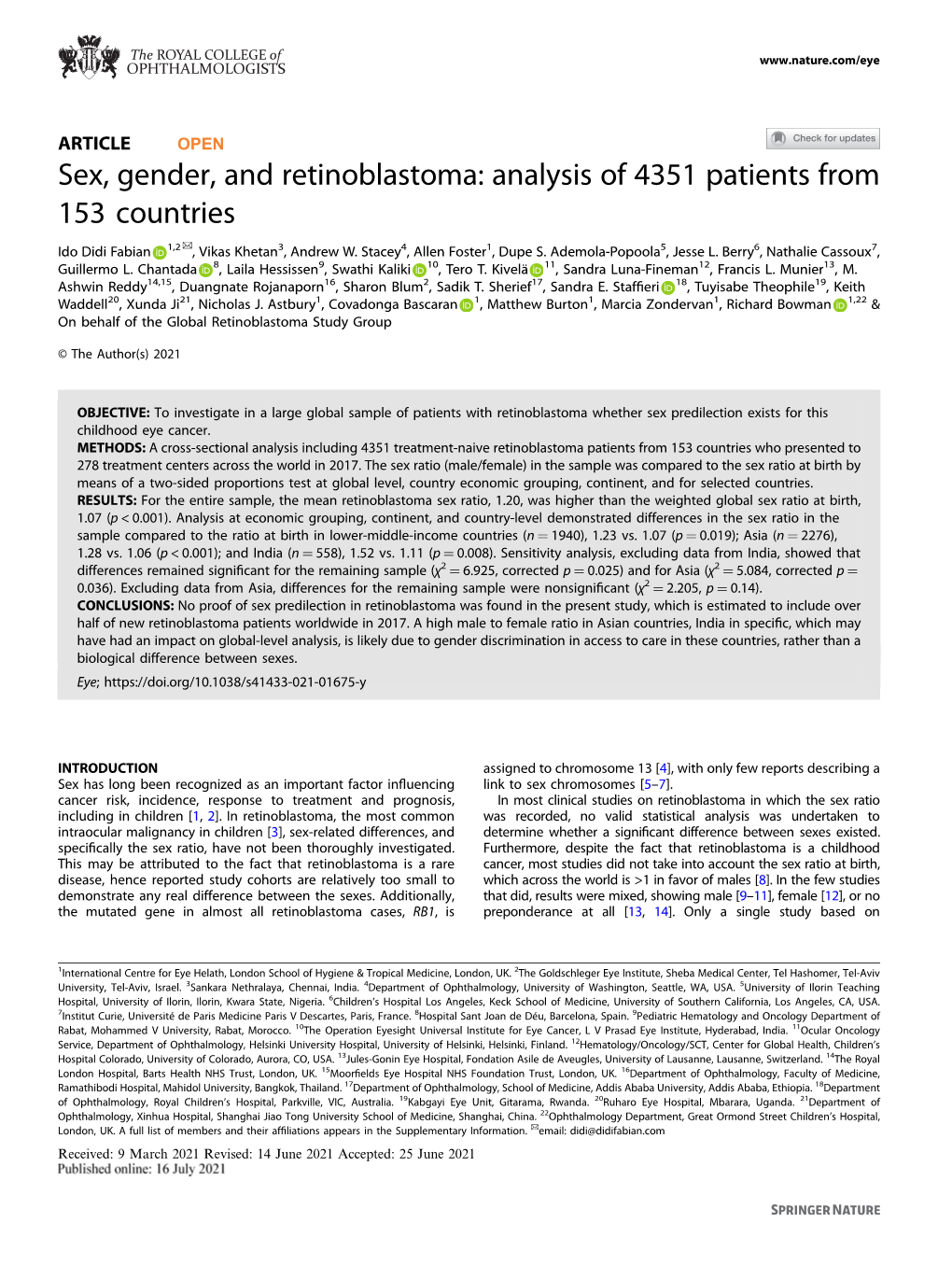Sex, Gender, and Retinoblastoma: Analysis of 4351 Patients from 153 Countries ✉ Ido Didi Fabian 1,2 , Vikas Khetan3, Andrew W