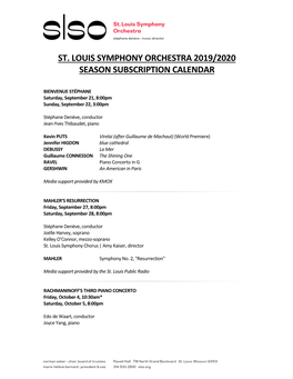 St. Louis Symphony Orchestra 2019/2020 Season Subscription Calendar