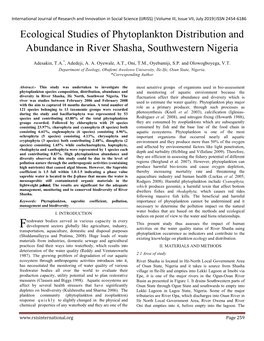 Ecological Studies of Phytoplankton Distribution and Abundance in River Shasha, Southwestern Nigeria