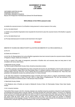 ANSWERED ON:30.08.2011 CORPOREAL REMAINS of BUDDHA Bapurao Shri Khatgaonkar Patil Bhaskarrao;Gaikwad Shri Eknath Mahadeo