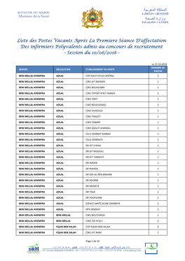 Liste Des Postes Vacants Après La Premiere Séance D'affectation Des Infirmiers Polyvalents Admis Au Concours De Recrutement - Session Du 10/06/2018