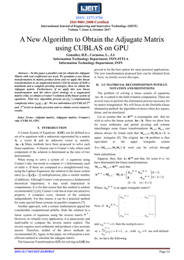 A New Algorithm to Obtain the Adjugate Matrix Using CUBLAS on GPU González, H.E., Carmona, L., J.J