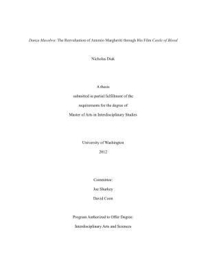 Danza Macabra: the Reevaluation of Antonio Margheriti Through His Film Castle of Blood Nicholas Diak a Thesis Submitted in Parti