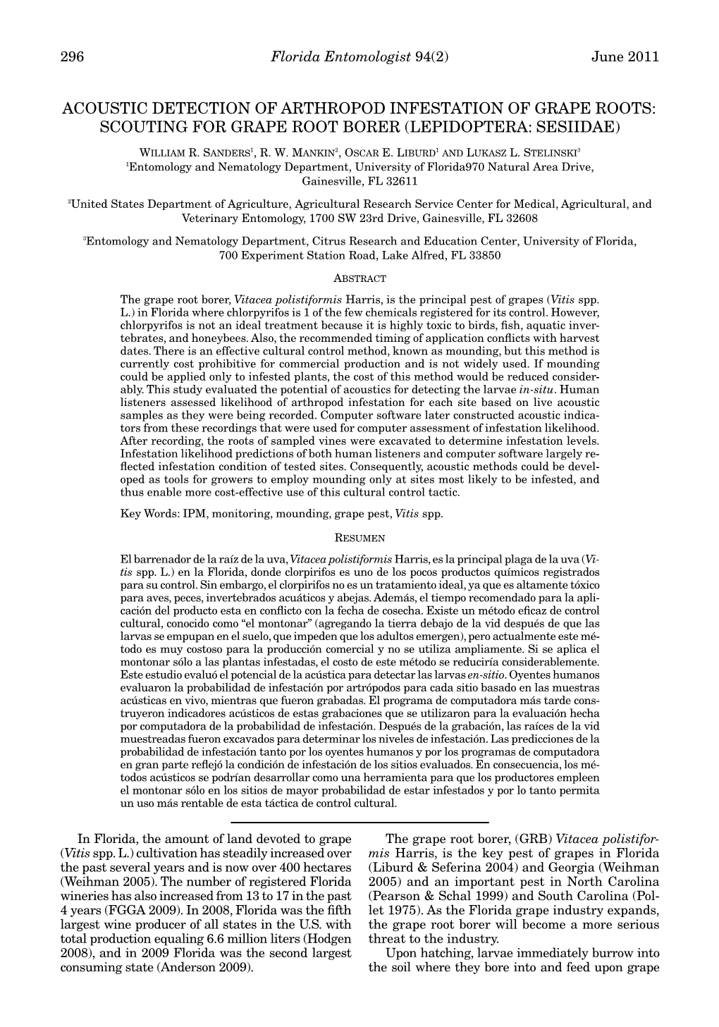 Acoustic Detection of Arthropod Infestation of Grape Roots: Scouting for Grape Root Borer (Lepidoptera: Sesiidae)