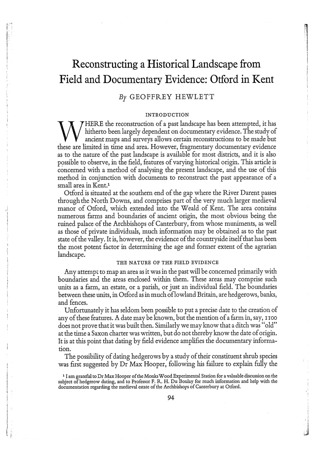 Reconstructing a Historical Landscape from Field and Documentaryevidence: Otford in Kent