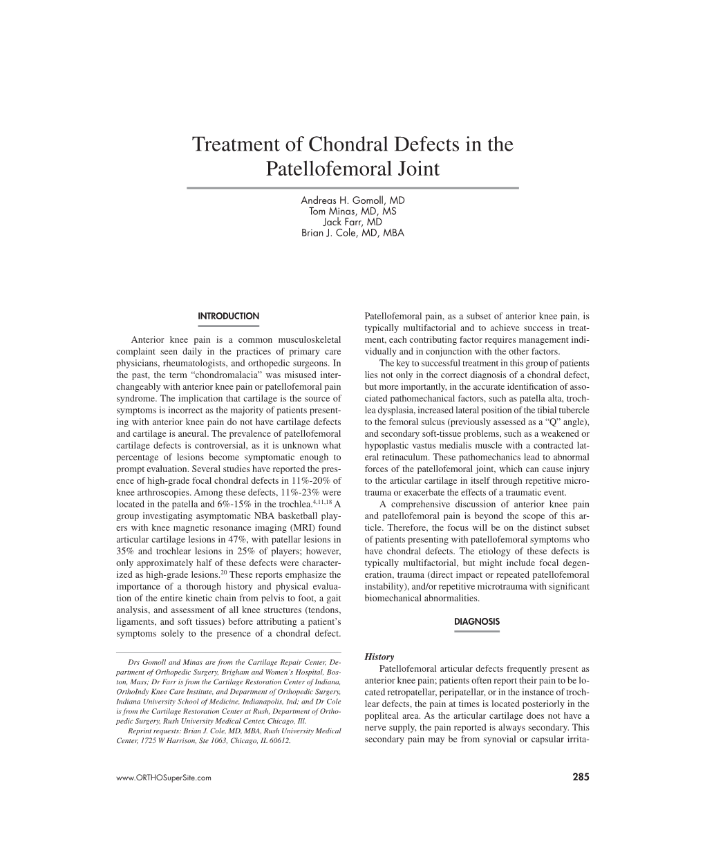 Treatment of Chondral Defects in the Patellofemoral Joint