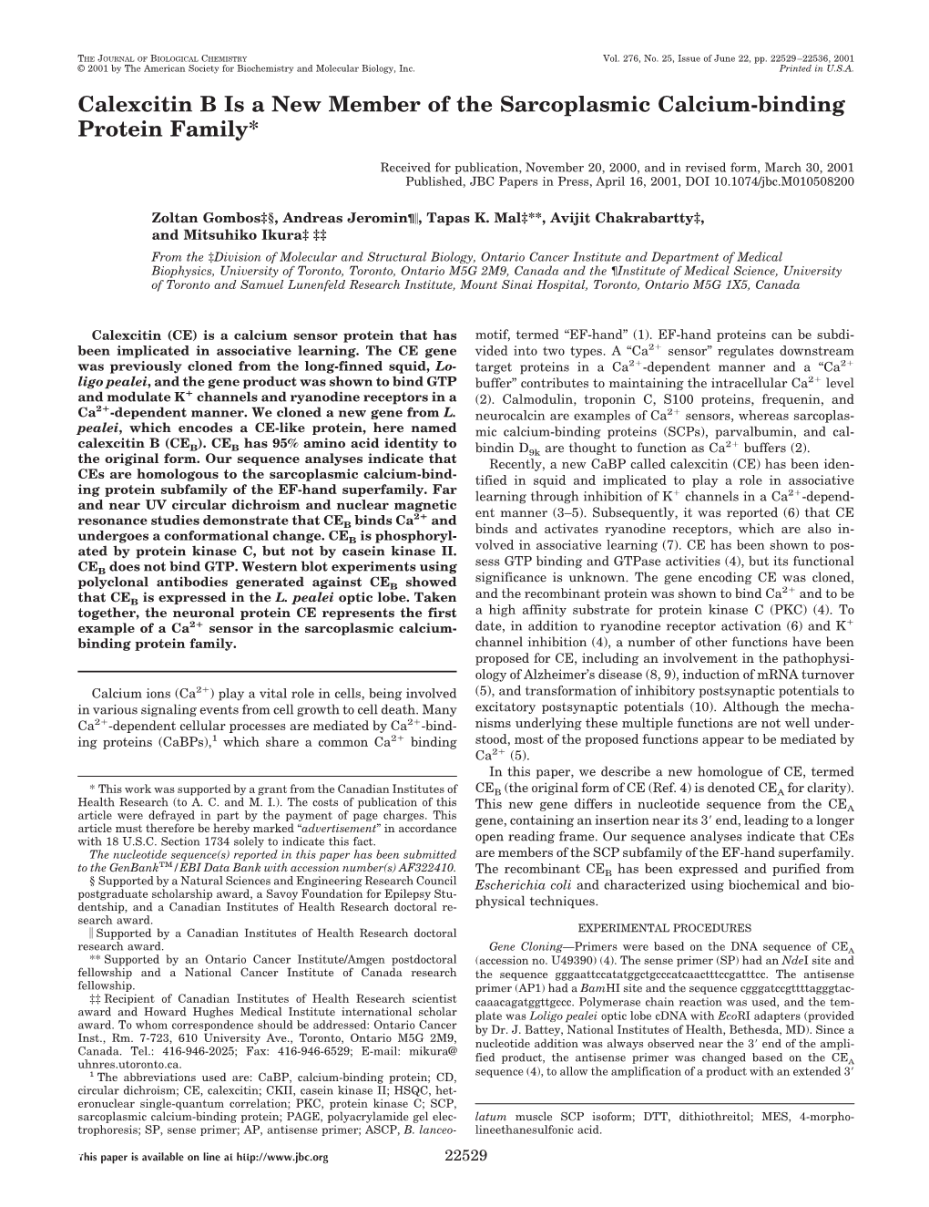 Calexcitin B Is a New Member of the Sarcoplasmic Calcium-Binding Protein Family*