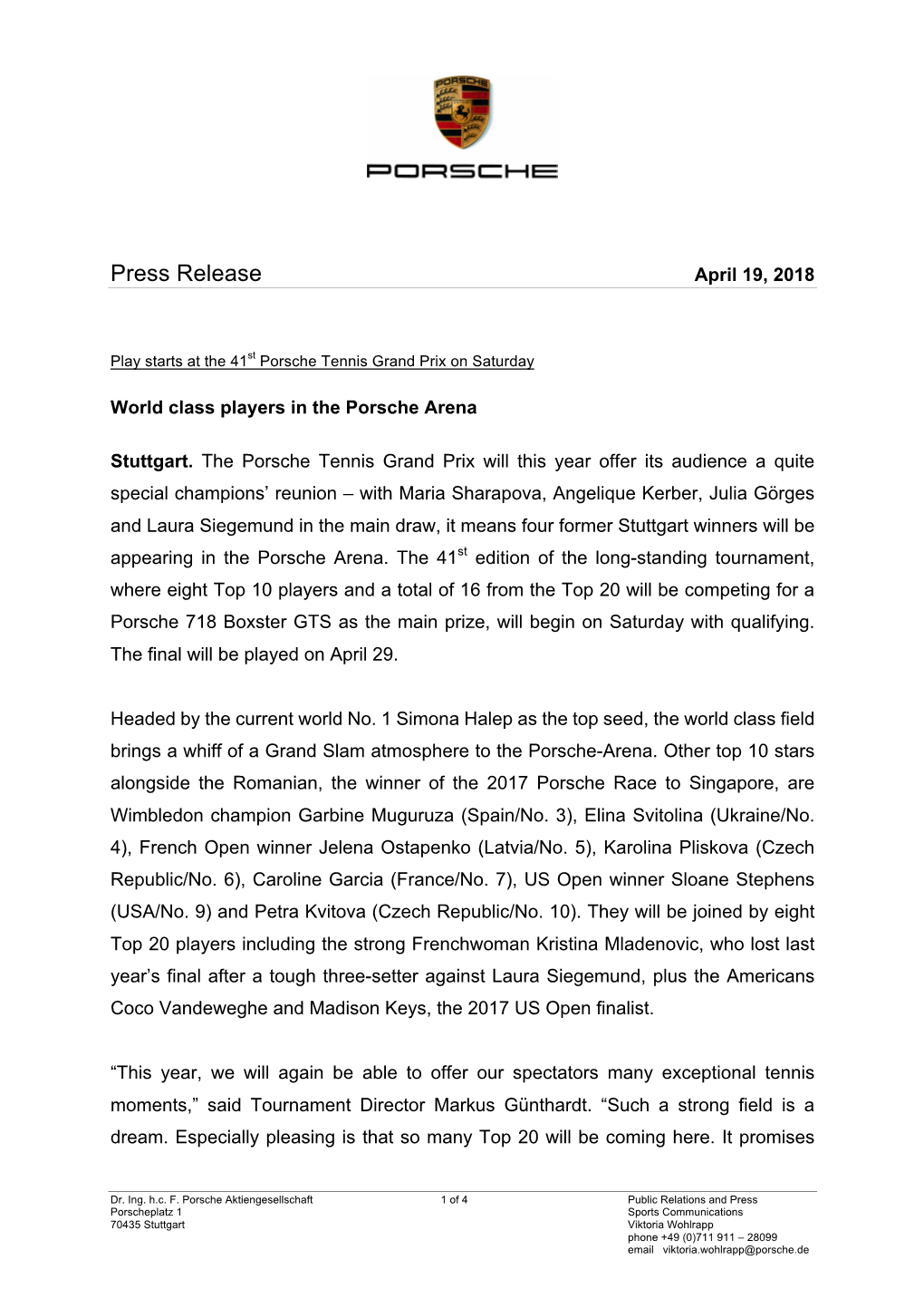 Press Release April 19, 2018