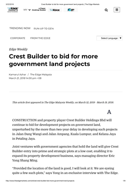 Crest Builder to Bid for More Government Land Projects | the Edge Markets