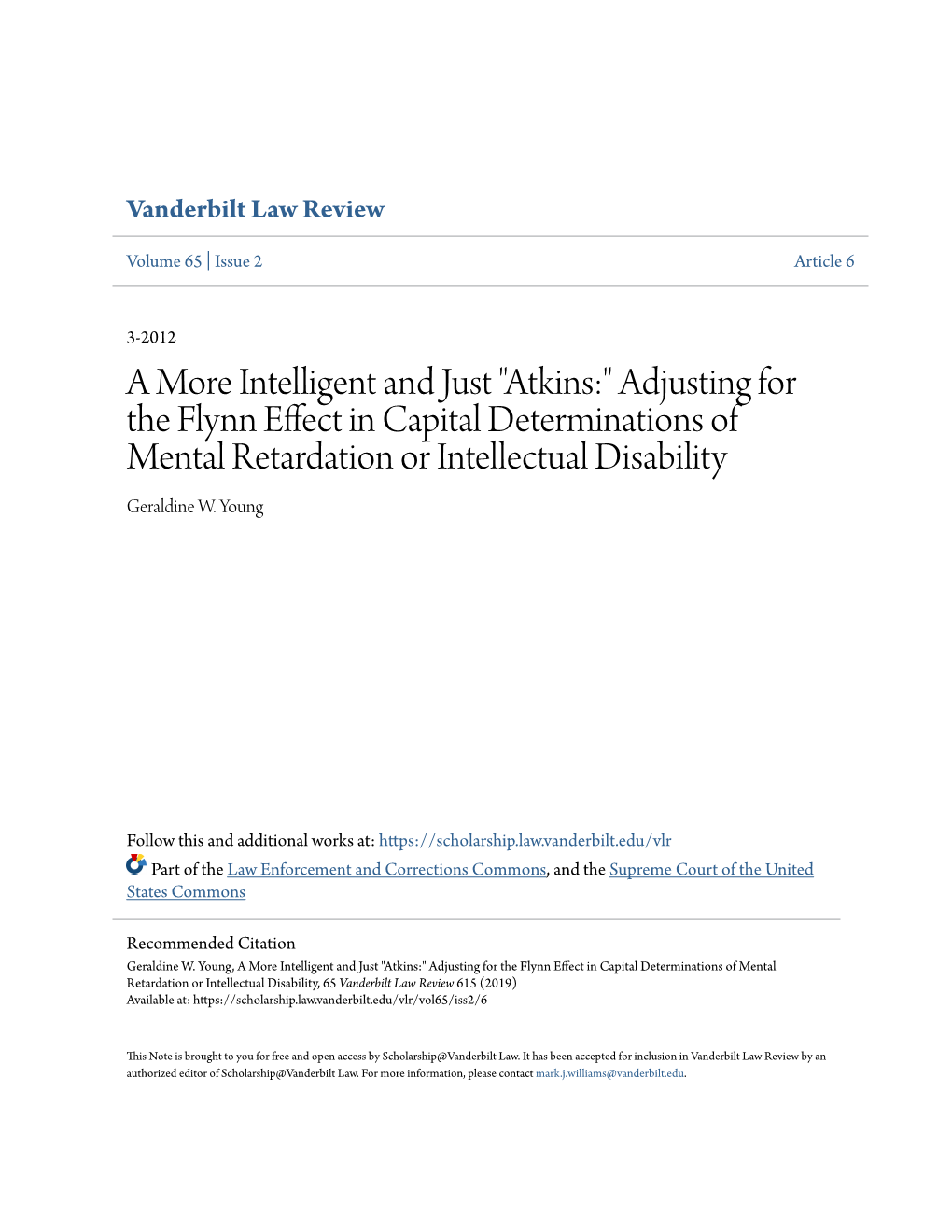 "Atkins:" Adjusting for the Flynn Effect in Capital Determinations of Mental Retardation Or Intellectual Disability Geraldine W