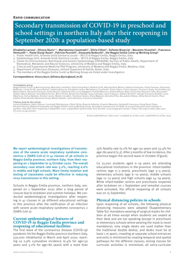 Secondary Transmission of COVID-19 in Preschool and School Settings in Northern Italy After Their Reopening in September 2020: a Population-Based Study