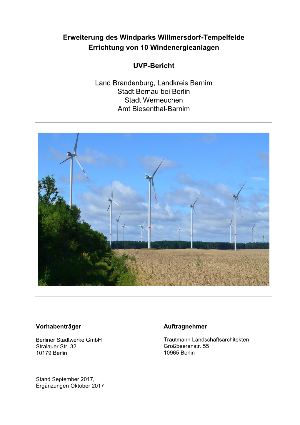 Erweiterung Des Windparks Willmersdorf-Tempelfelde Errichtung Von 10 Windenergieanlagen
