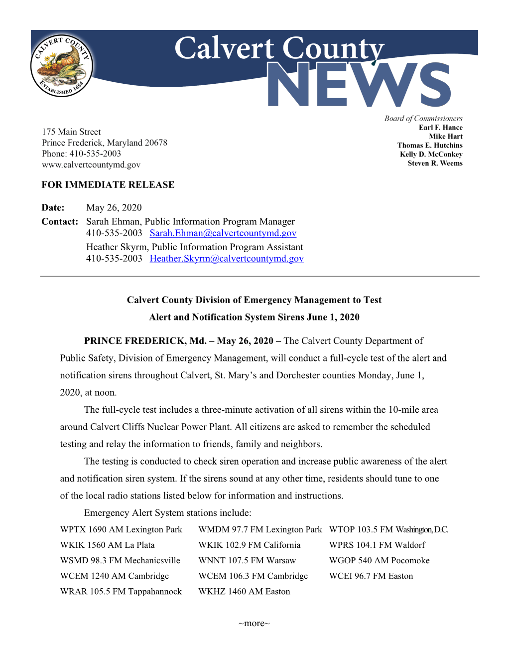 Calvert County Division of Emergency Management to Test Alert and Notification System Sirens June 1, 2020