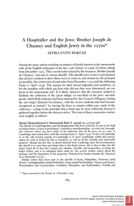 A Hospitaller and the Jews: Brother Joseph De Chauncy and English Jewry in the 12705^ ZEFIRA ENTIN ROKEAH
