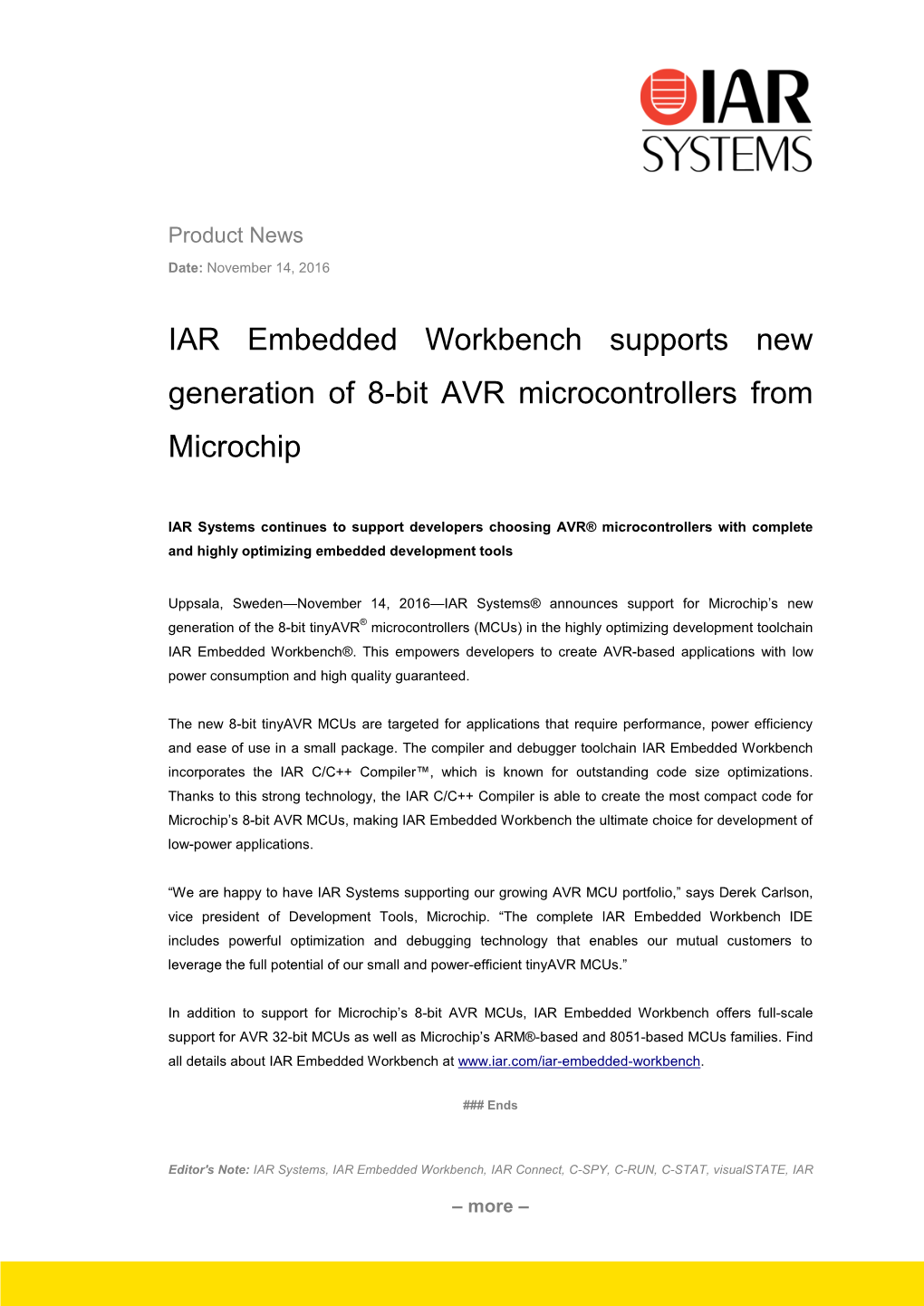 IAR Embedded Workbench Supports New Generation of 8-Bit AVR Microcontrollers from Microchip