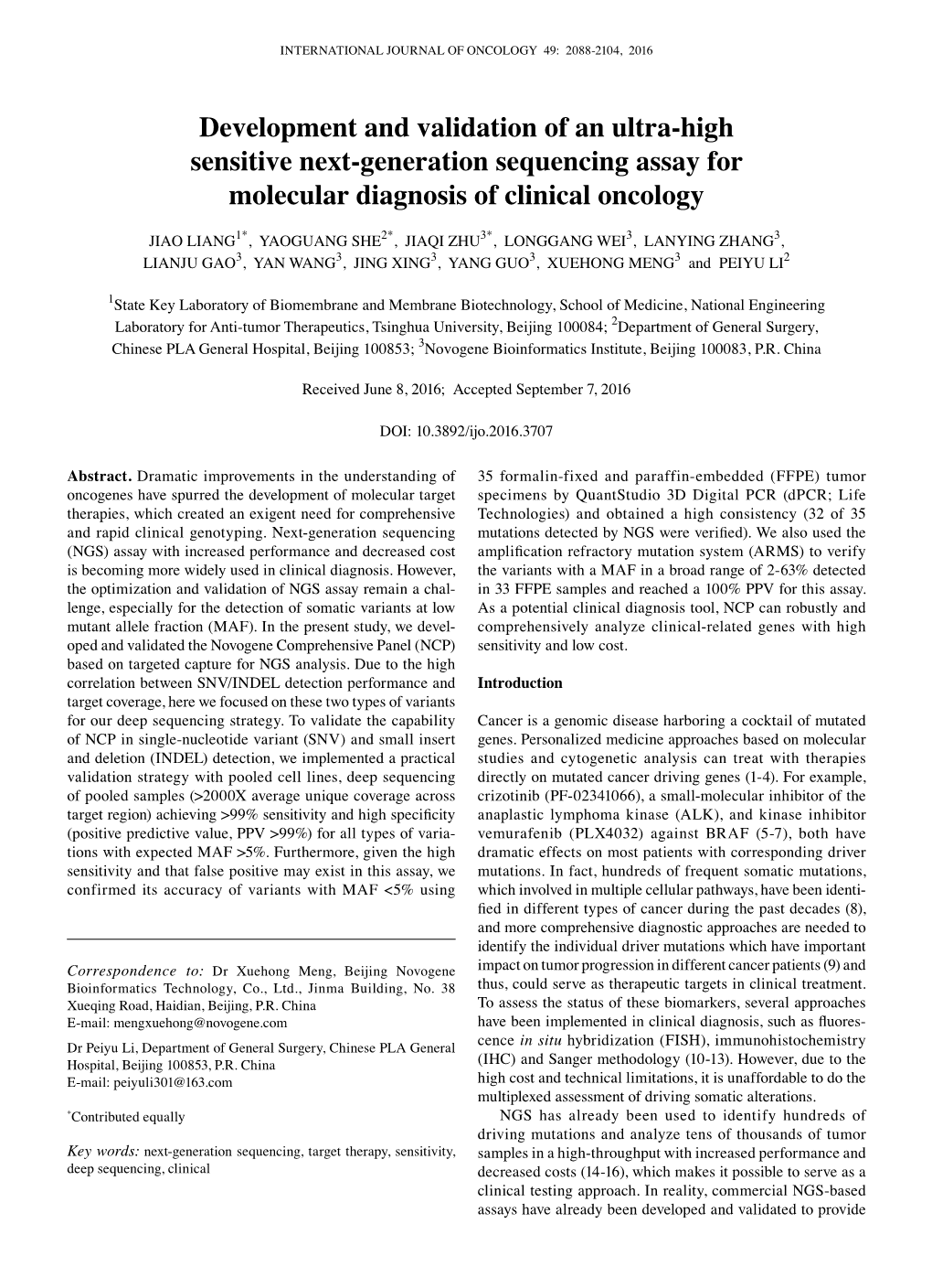 Development and Validation of an Ultra-High Sensitive Next-Generation Sequencing Assay for Molecular Diagnosis of Clinical Oncology