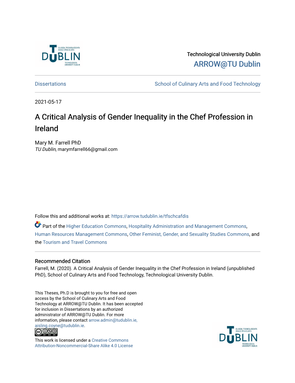 A Critical Analysis of Gender Inequality in the Chef Profession in Ireland