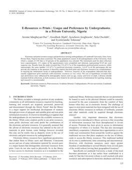E-Resources Vs Prints : Usages and Preferences by Undergraduates in a Private University, Nigeria