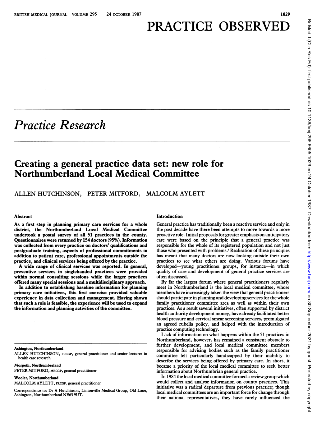 Creating a General Practice Data Set: New Role for Northumberland Local Medical Committee