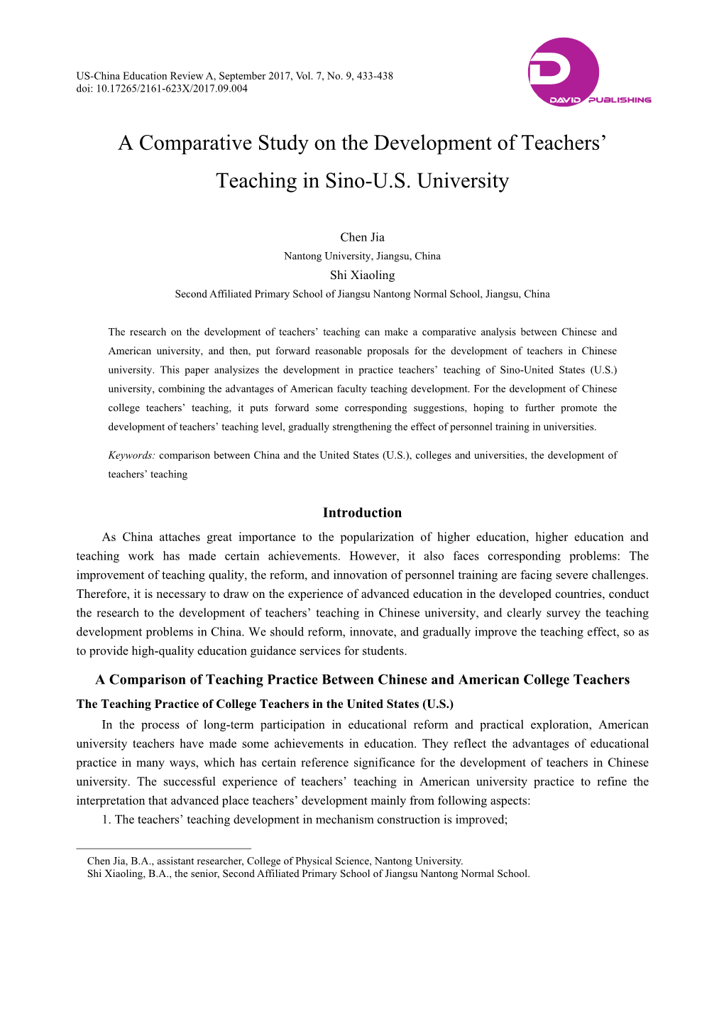 A Comparative Study on the Development of Teachers' Teaching in Sino-US University