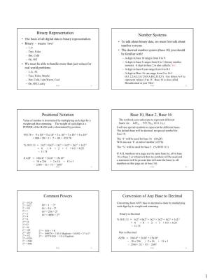 Binary Representation Number Systems Positional Notation Base