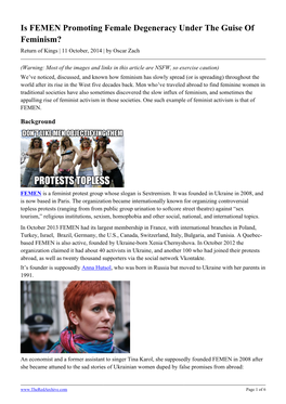 Is FEMEN Promoting Female Degeneracy Under the Guise of Feminism? Return of Kings | 11 October, 2014 | by Oscar Zach
