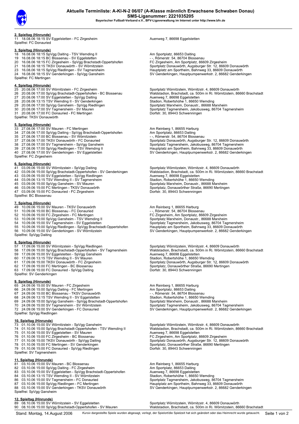 Aktuelle Terminliste: A-Kl-N-2 06/07