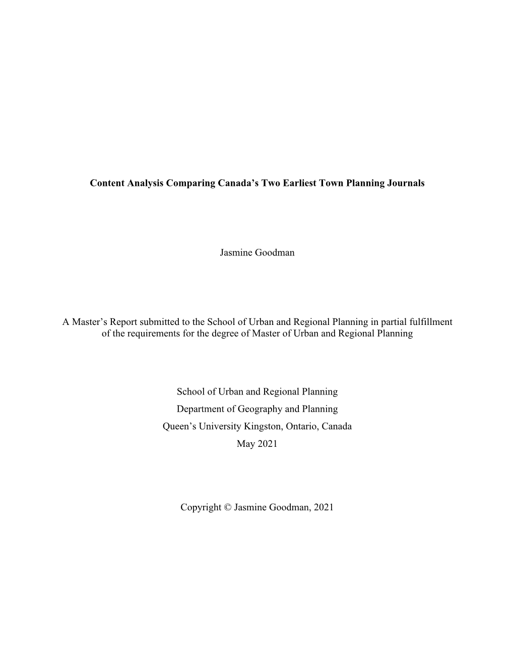 Content Analysis Comparing Canada's Two Earliest Town