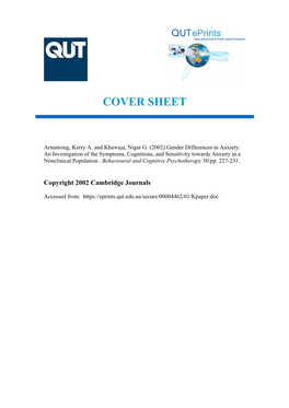 Gender Differences in Anxiety: an Investigation of the Symptoms, Cognitions, and Sensitivity Towards Anxiety in a Nonclinical Population