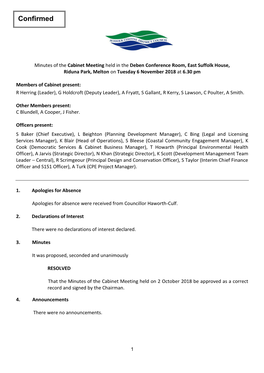 Minutes of the Cabinet Meeting Held at the Council Chamber, Woodbridge